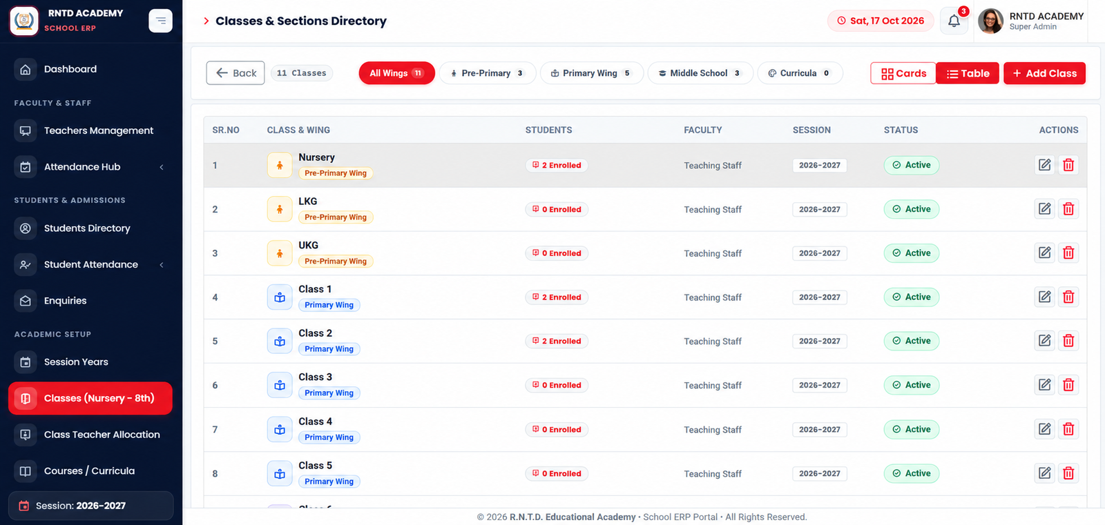Classes & Sections Directory — supplied School ERP screenshot