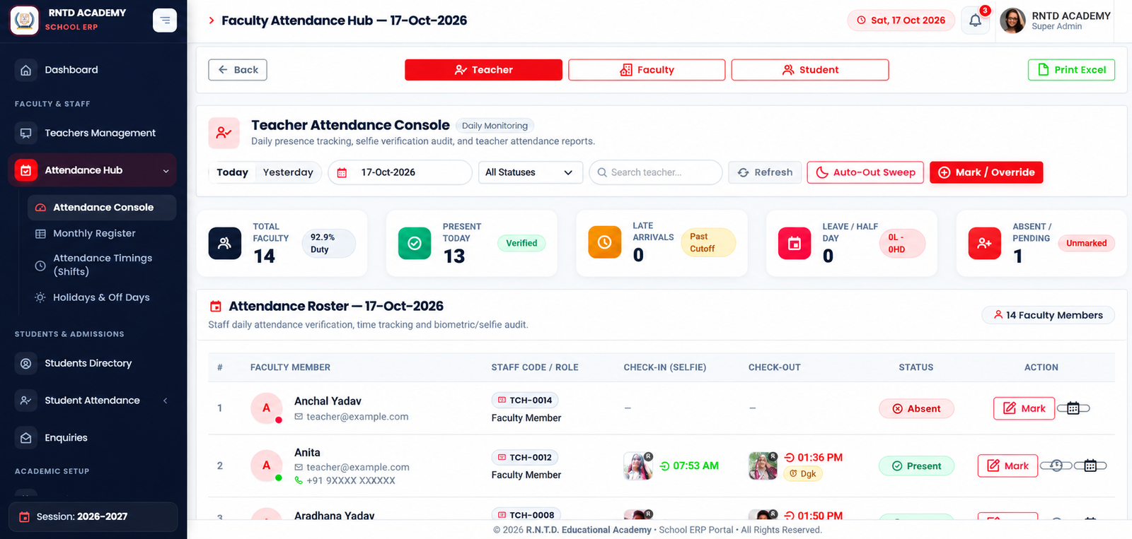Actual teacher attendance roster showing selfie check-in and check-out records